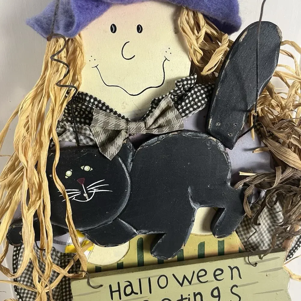 Vintage Halloween Witch Black Cat Pumpkin Wall Hanging Primitive Folk Art Kitsch